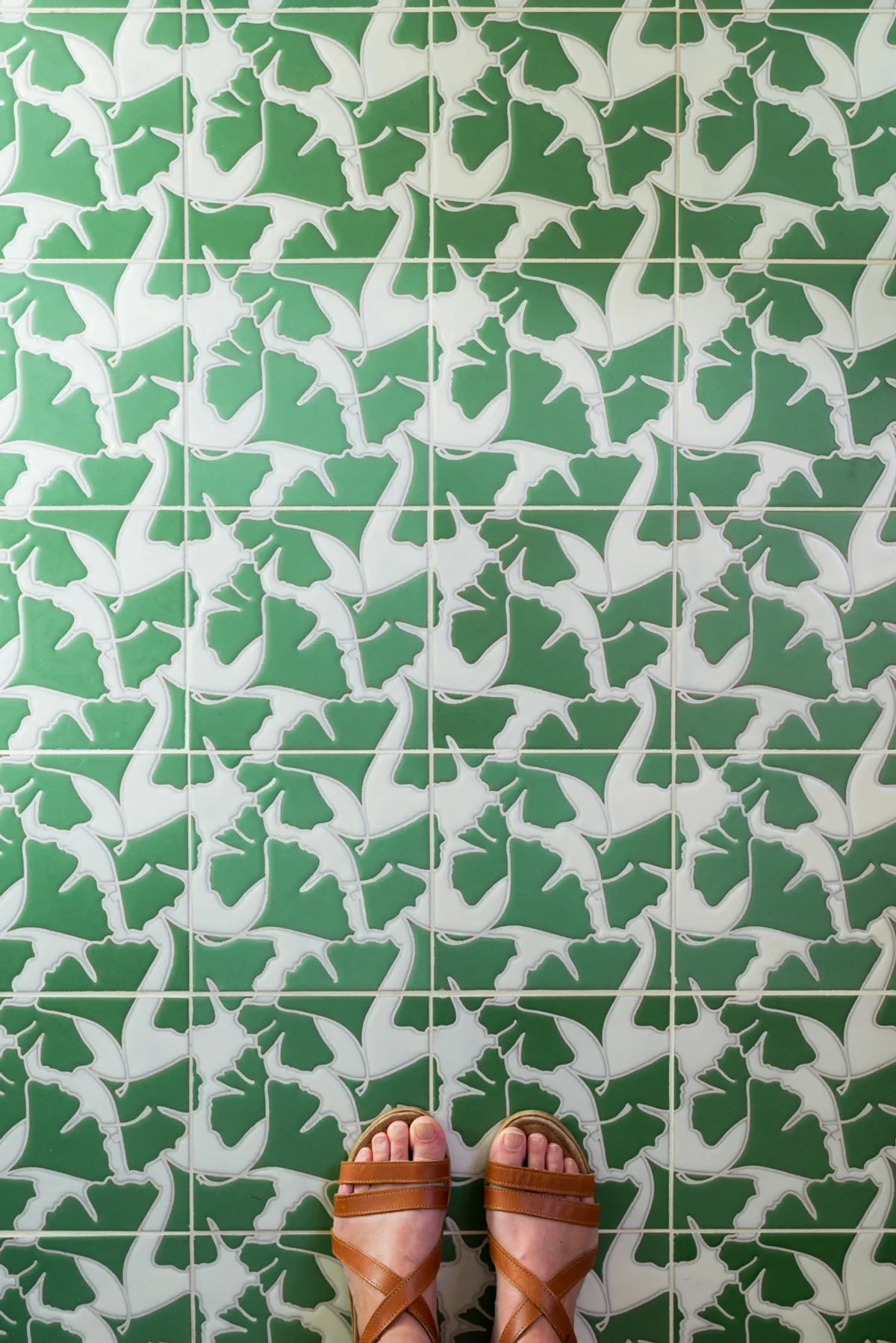 2020 img hi res residential influencer Fareisle Kaity Farrell bathroom tile floor handpainted sakura gingko green motif pan triangle 3 magnolia shower walls 2x6 broken joint vertical with feet FC373074