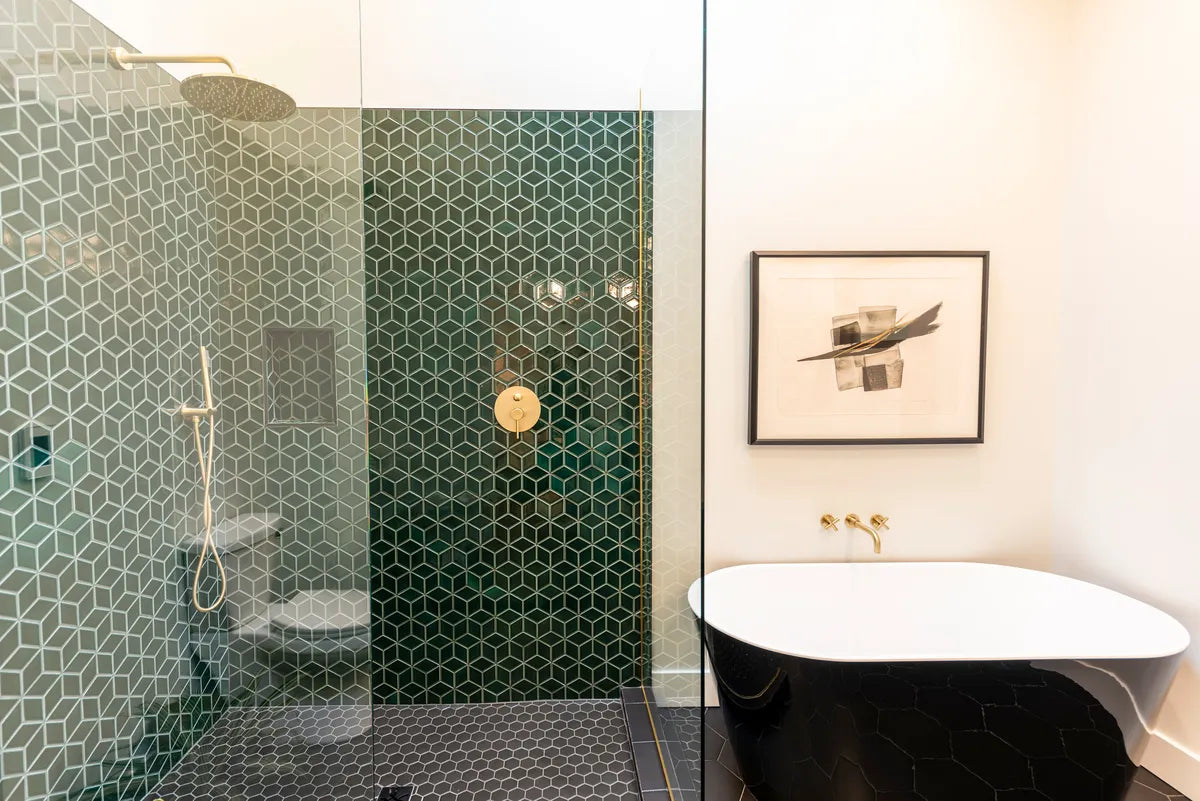2021 Img lo res residential influencer design luke henery caldwell photo timberandlove bathroom shower wall small diamond evergreen sheeted escher pattern FC38252 1