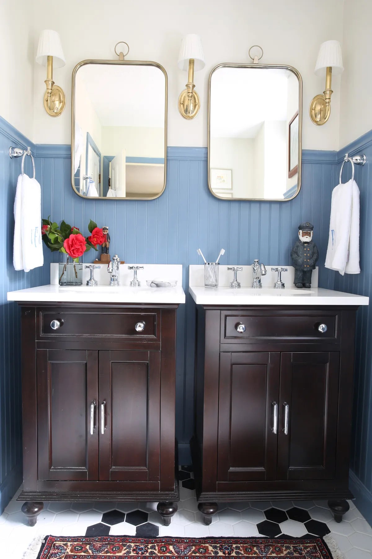 2021 img hi res rights residential influencer design prepford wife victoria ford photo marcus ford ORC bathroom tile shower walls 3x6 offset dusty blue floor hexagon 4 calcite basalt floral pattern FC427887 2
