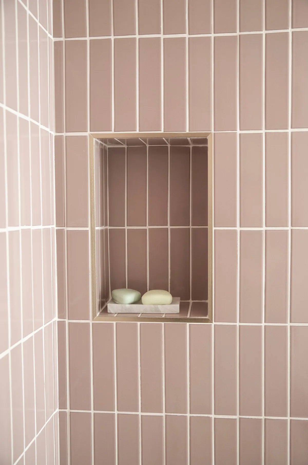 2022 IMG HI res rights influencer Say yes Liz Stanley bathroom shower 2x8 adobe glazed long trim 3x6 white wash foundations shower niche verticle straight FC478752 1