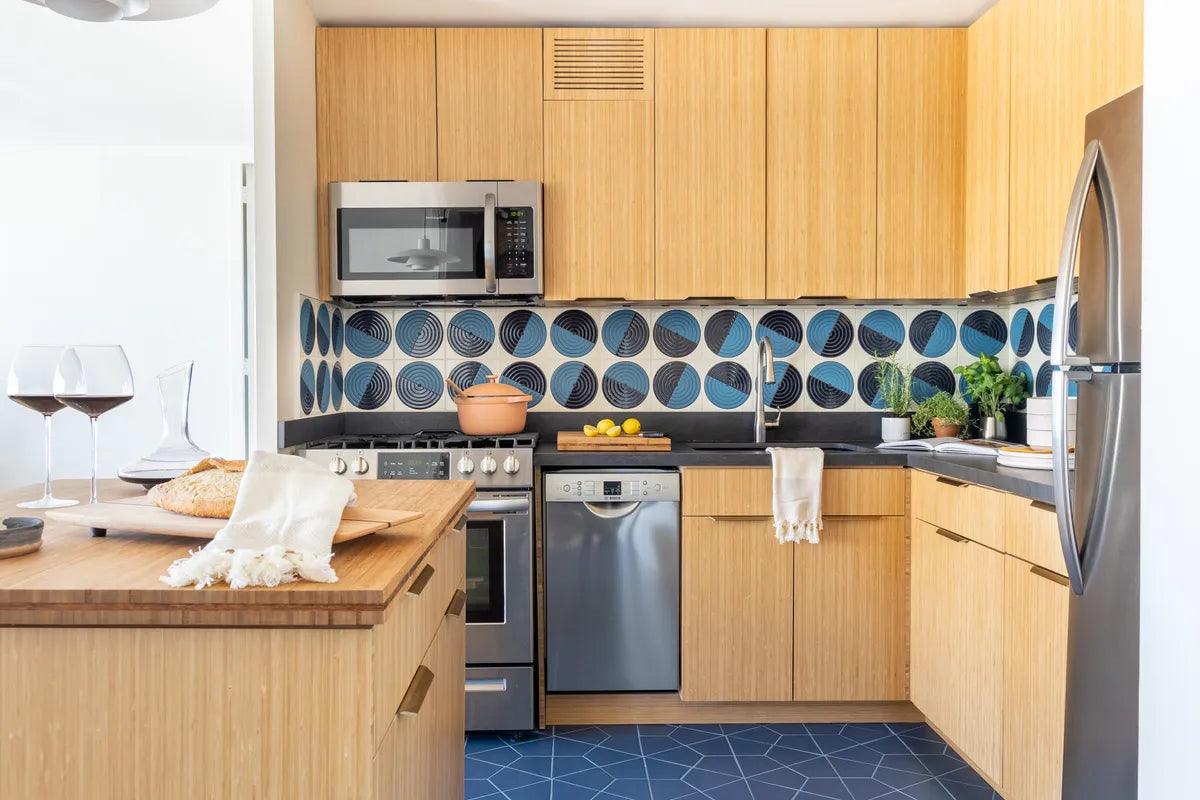 2022 img full rights influencer elemental green ecorenovate photo jill tiongco kitchen backsplash agrarian maze warm motif tile floor hexite wharf blue velvet FC440215 FC438738 full 4