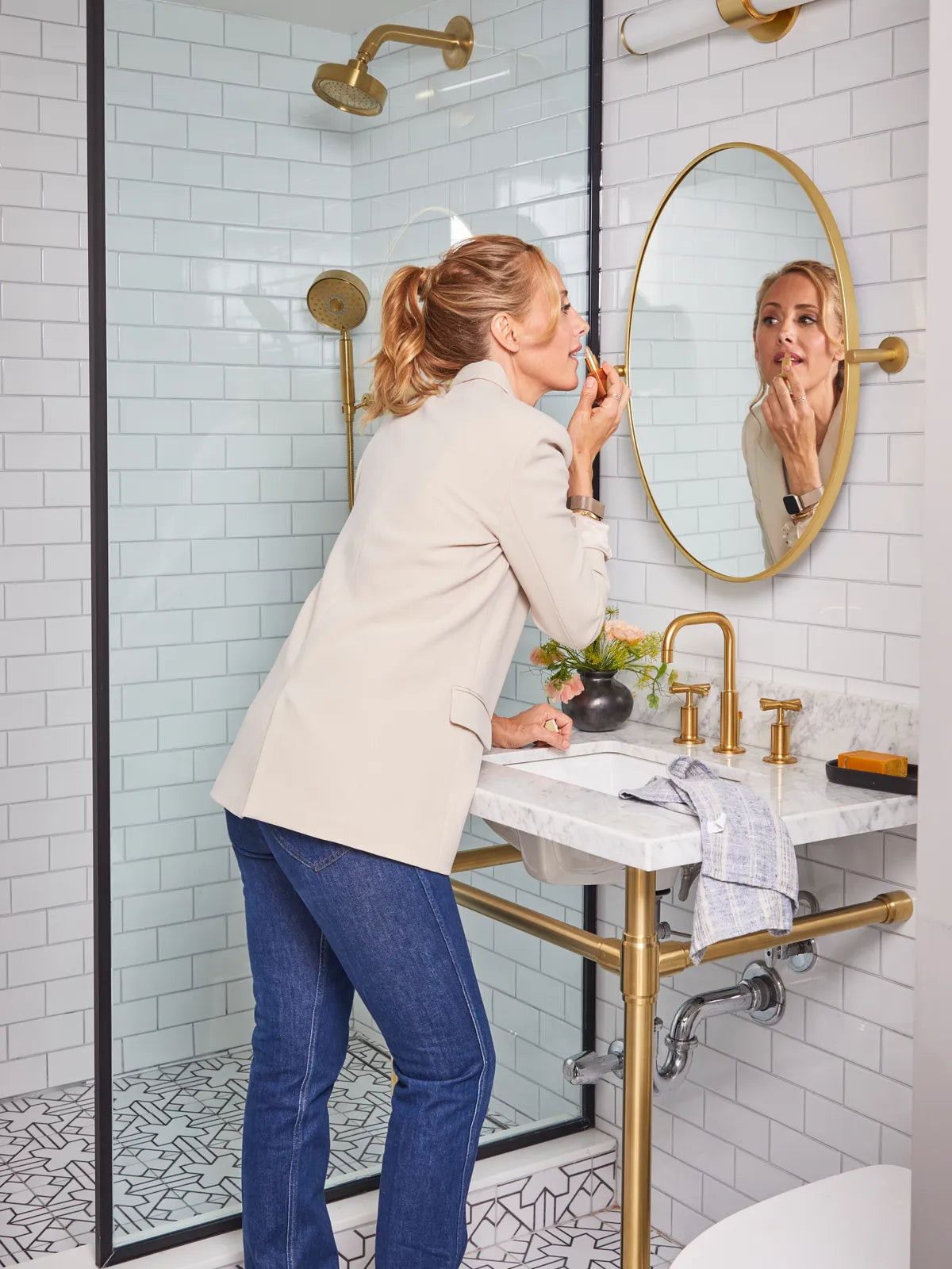 2022 img hi res influencer rights design Kim Raver photo Kate jordan bathroom backsplash 3x6 white wash offset kasbah neutral motif FC49059 FC497292 2
