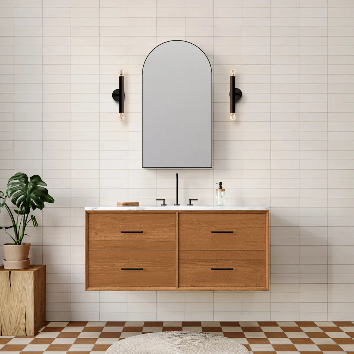 2023 full RIGHTS realistic rendering west elm hi res web size bathroom floor walls straight stack checkerboard ceramic calcite 3x12 brick big horn columbia plateau