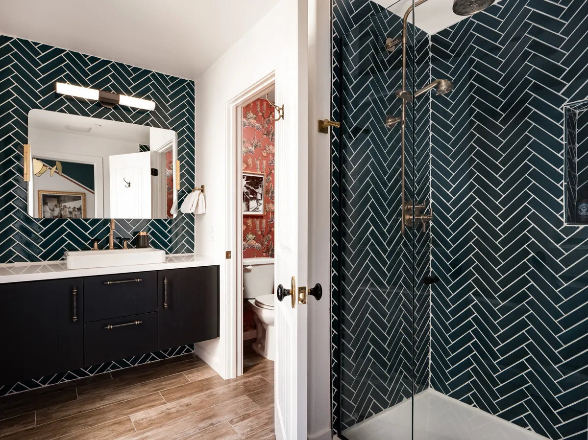 2023 img partner commercial design Studio collab photo Brandon Vogts bathroom shower niche herringbone 2x8 Caspian Sea FC497120 1