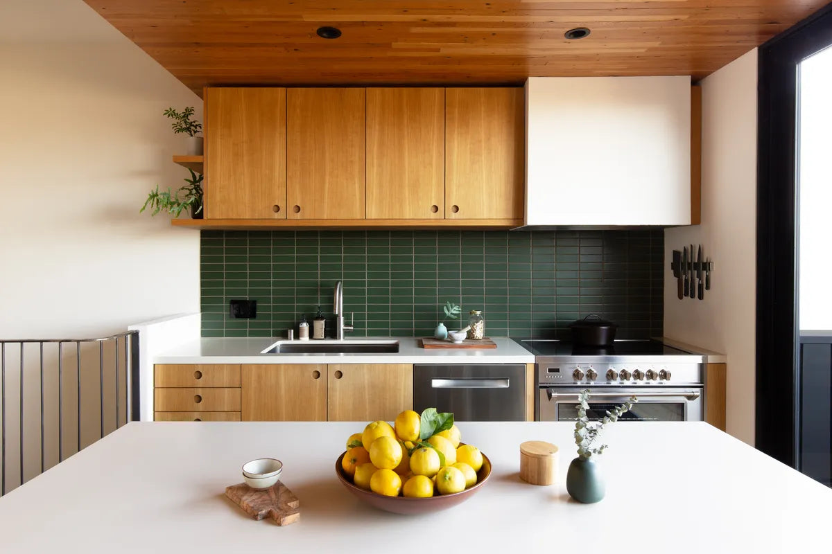 2025 full usage no third party kitchen backsplash 2x6 hunter green matte straight set Tiny Monster Design Photography by Tiny Monster Design 2