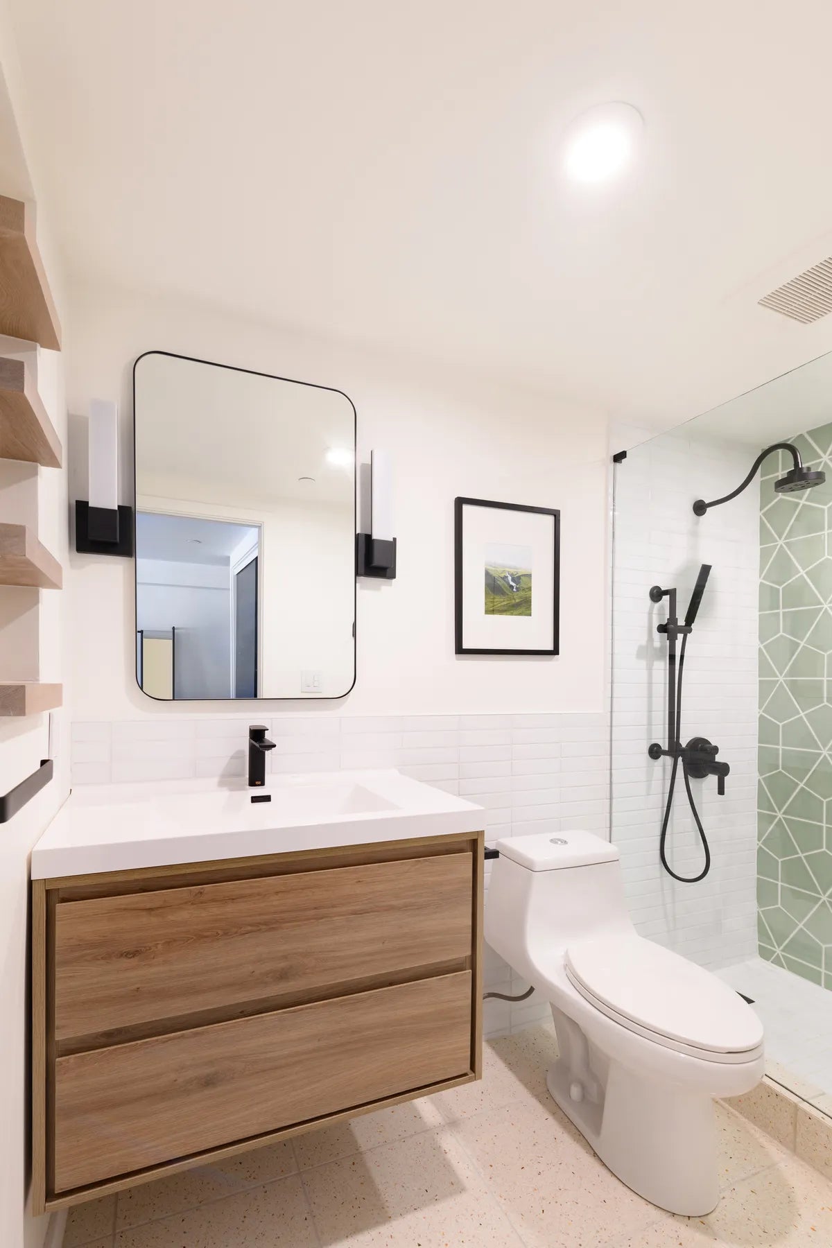 Modern white subway tile green hexite shower tile 1