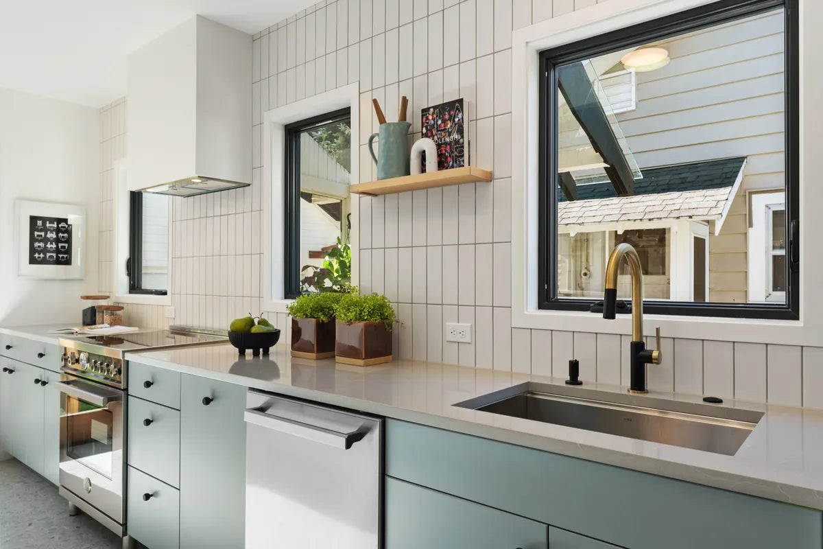 Modern Kitchen white subway backpslash vertical stack tile 1