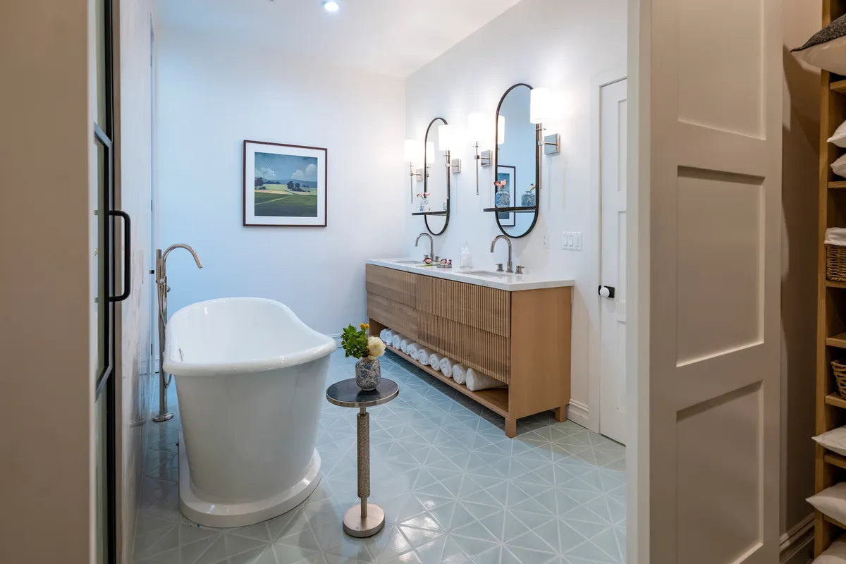 Modern bathroom floor tile triangle blue 6