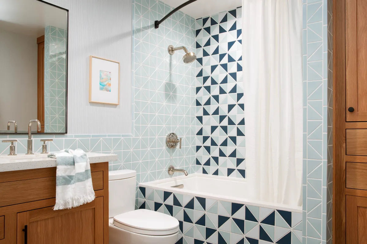 Eclectic bathroom shower triangle blue tile 5