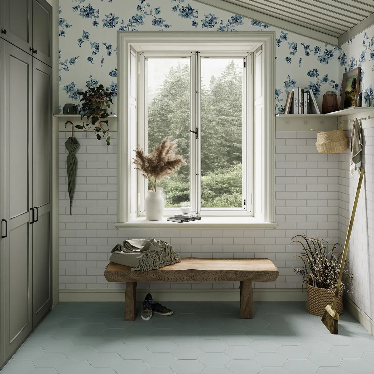 Essentials Satins Photorealistic Rendering Pearl 3x9 Horizontal Half Offset Walls Hood River 8 Hexagon Floor Mudroom