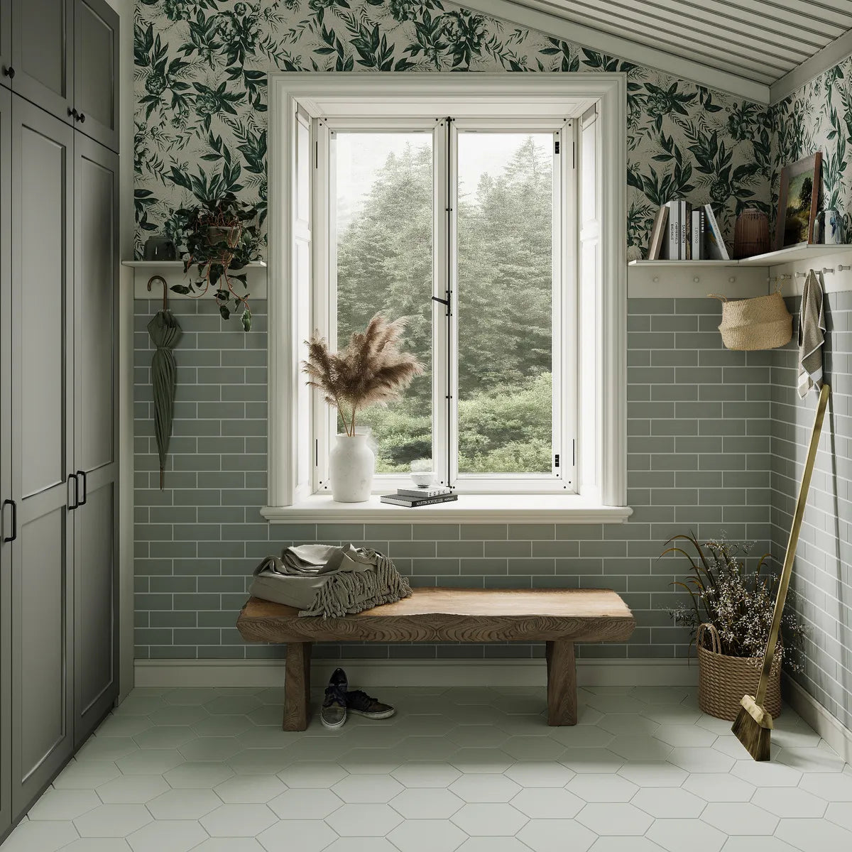Essentials Satins Photorealistic Rendering Puget Sound 3x9 Horizontal Half Offset Walls Manzanita 8 Hexagon Floor Mudroom