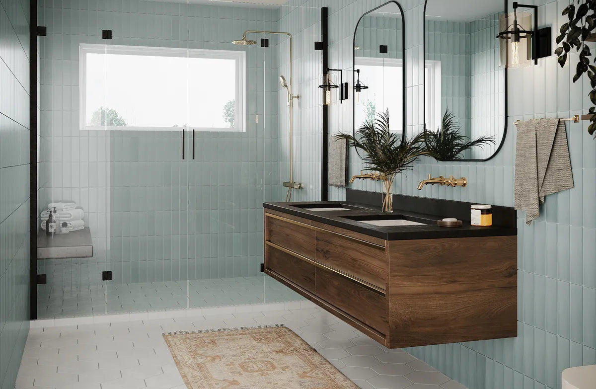 Essentials Photorealistic Rendering Hood River 3x9 Vertical Straight Stack Walls Daisy 6 Hexagon Floor Bathroom Shower Surround Curb