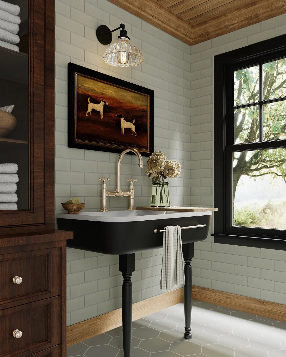 Essentials Photorealistic Rendering Laundry Room Walls Manzanita Satin 3x9 Half Offset Floors Puget Sound satin 8 inch Hexagon