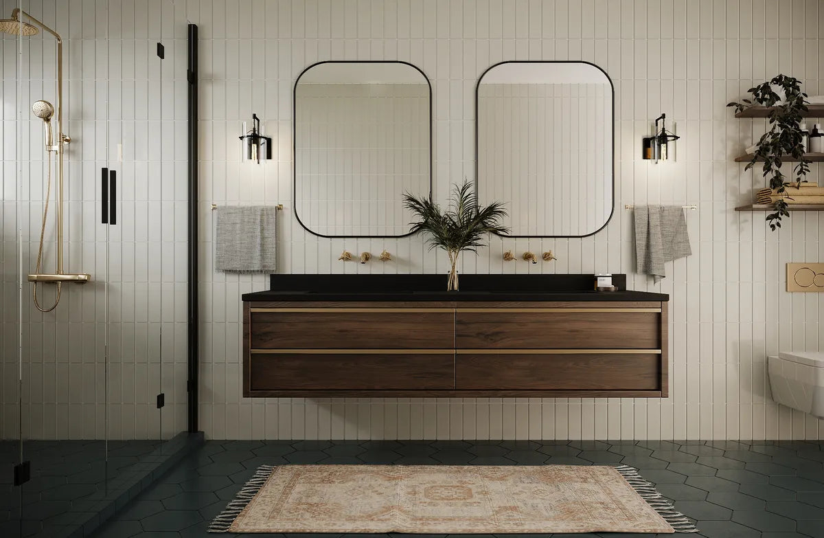 Essentials Photorealistic Rendering Pearl 3x9 Vertical Straight Stack Walls Flagstone 6 Hexagon Floor Bathroom Shower Surround Vanity 1