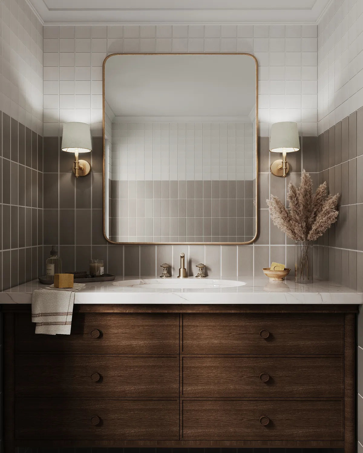 Essentials Photorealistic Rendering Powder Room Walls Timberline 3x9 Cloud Cover 3x3 Mosaic Straight Set