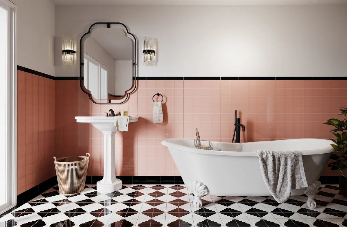 Photorealistic Rendering Art Deco Bathroom 4x4 Squiggle Charcoal Floor 4x4 Glass Carolina Wren Gloss straight stack wainscott walls 2x8 trim raven 4x6 cove base 2021