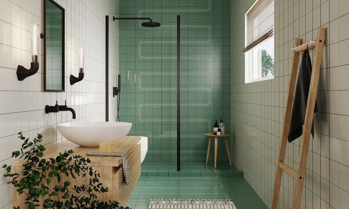 Photorealistic Rendering Bathroom Shower Surround Floor 4x4 Roundabout Fresco Jade 4x4 Oyster Shell Straight Set 2021