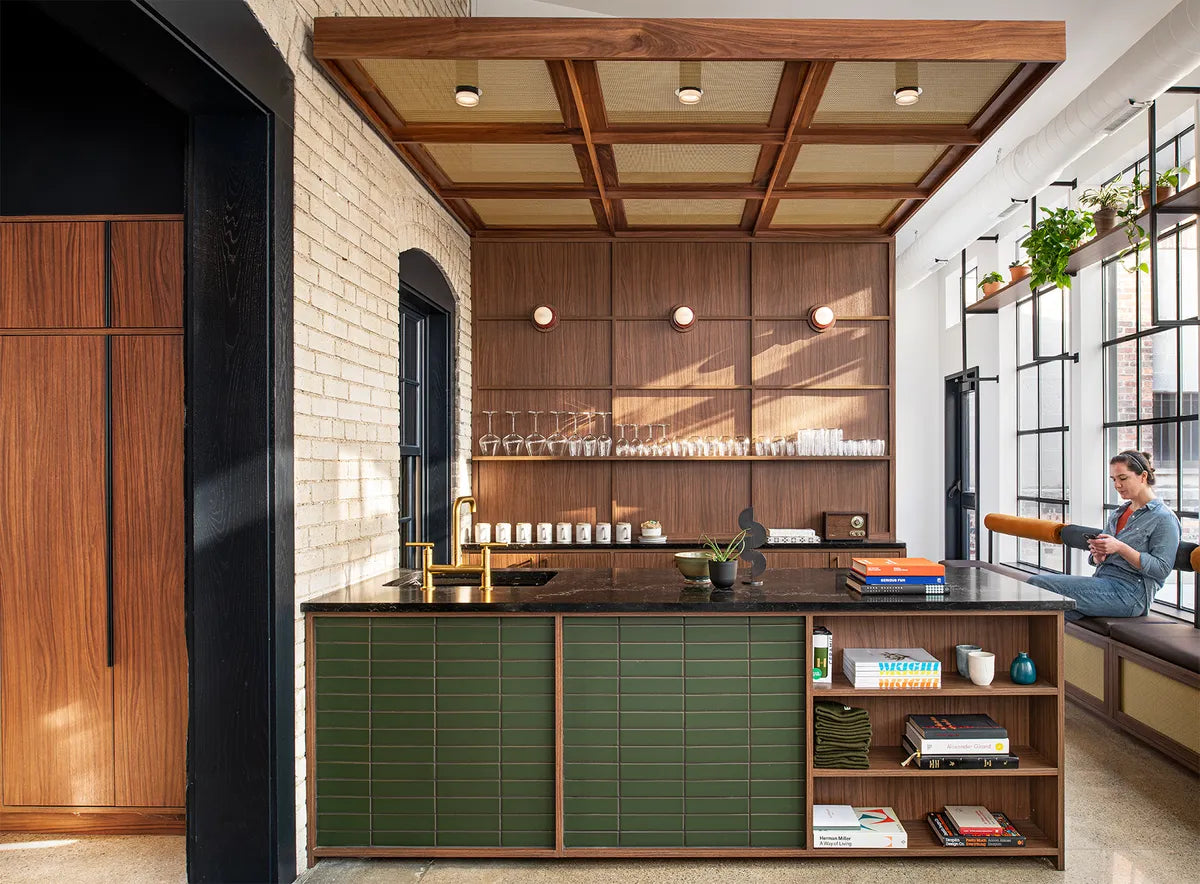 Scandinavian workspace green tile counter