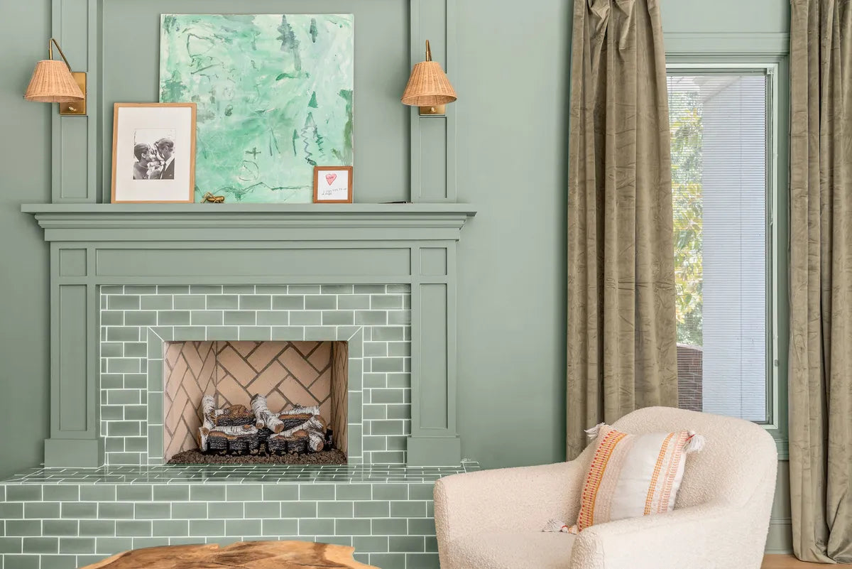Transitional living room fireplace green tile 2