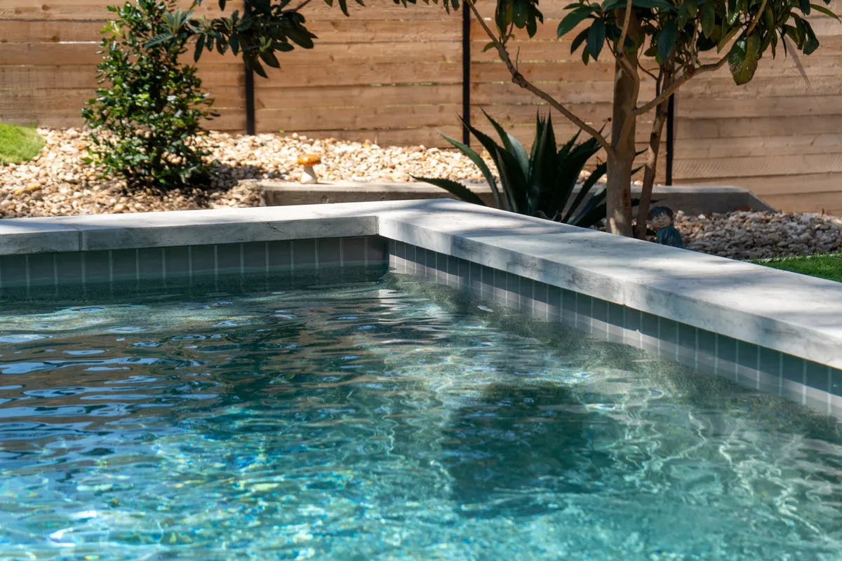 Modern grey brown subway tile pool waterline 5