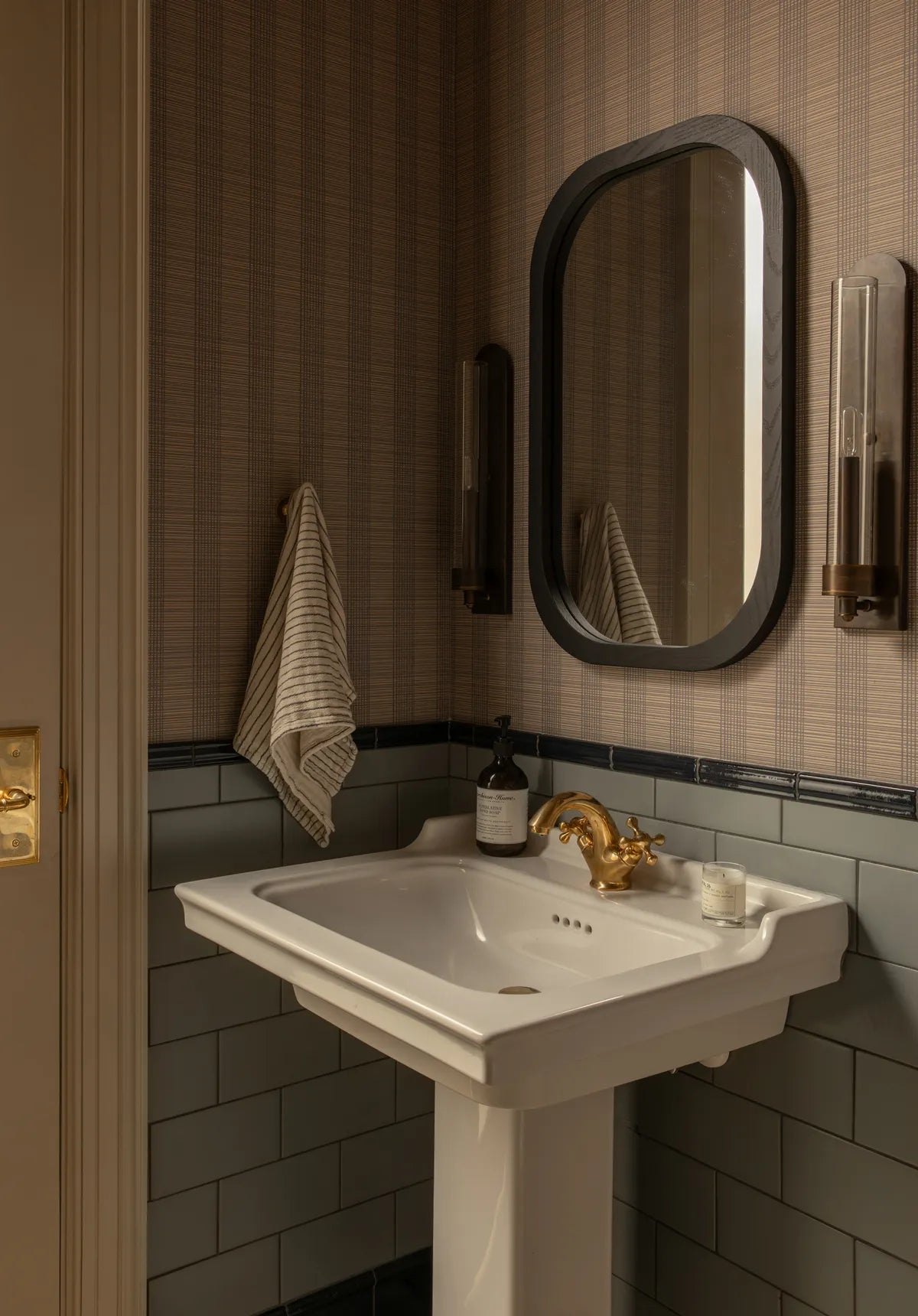 New traditional bathroom wainscot blue subway tile 3