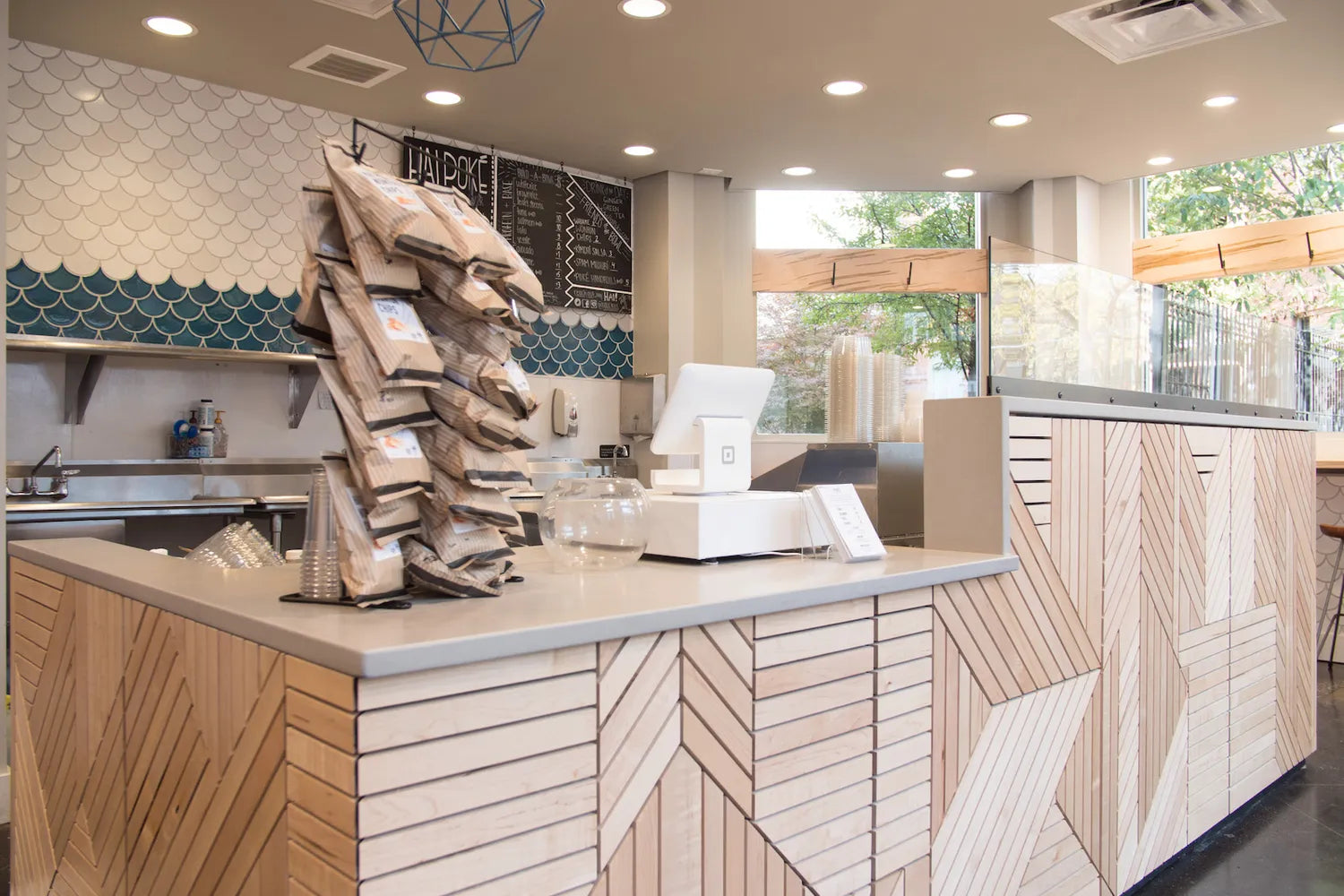 2017 Image Lr Commercial Hai Poke Restaurant Black Ink D Ogee Drop Straight Set Daisy White Wash Adriatic Sea Ogee Drop Glazed Edge Concave Side Adriatic Sea Angled Feature Wall View