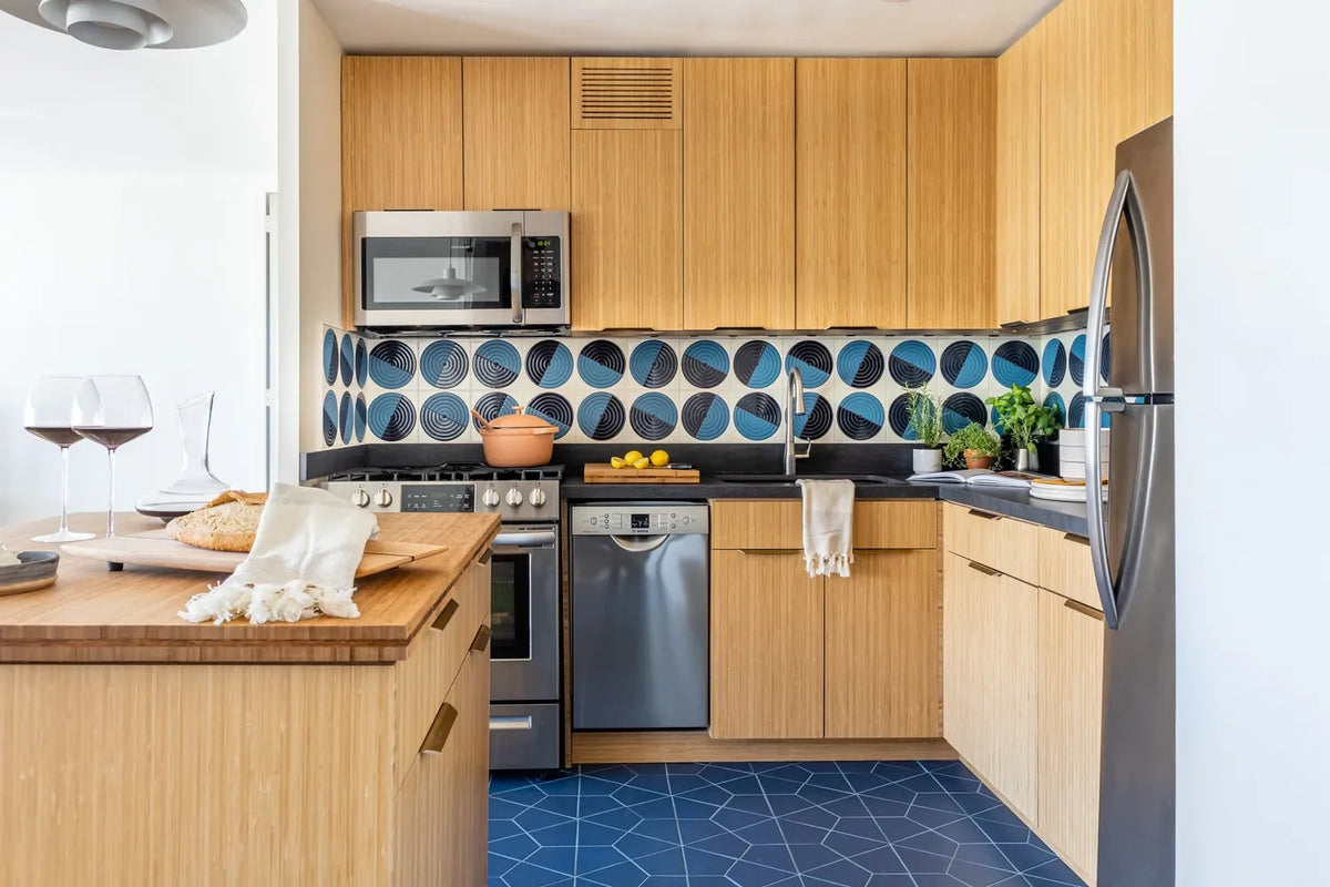 2022 img full rights influencer elemental green ecorenovate photo jill tiongco kitchen backsplash agrarian maze warm motif tile floor hexite wharf blue velvet FC440215 FC438738 18