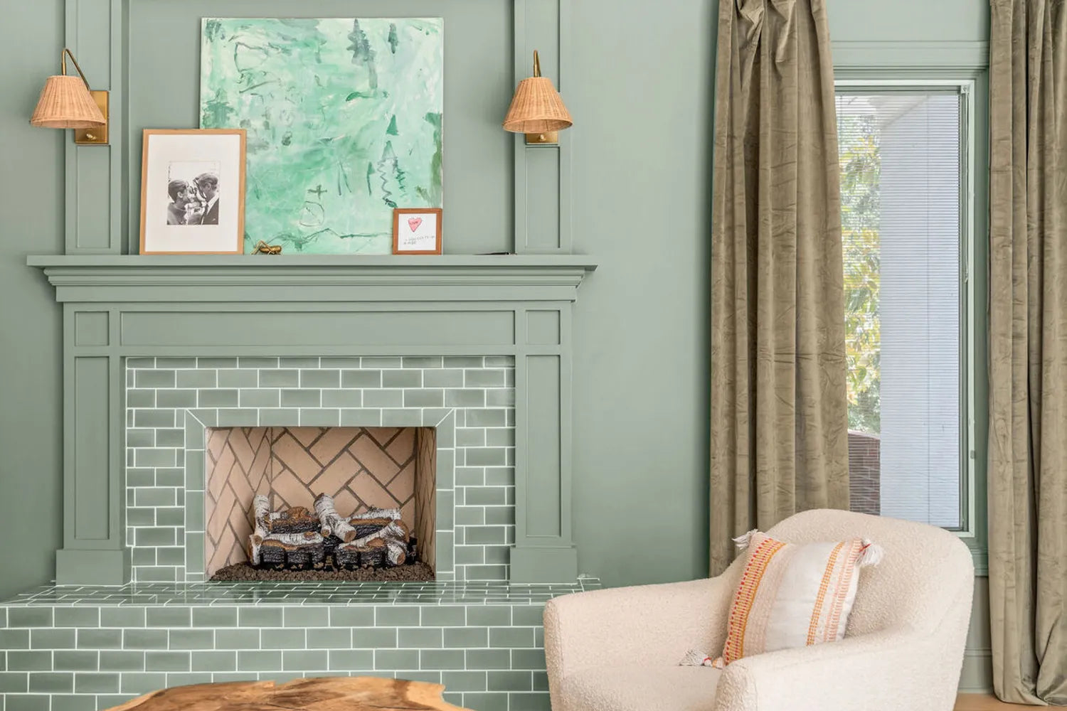 Color Drenching Green Subway Tile Fireplace