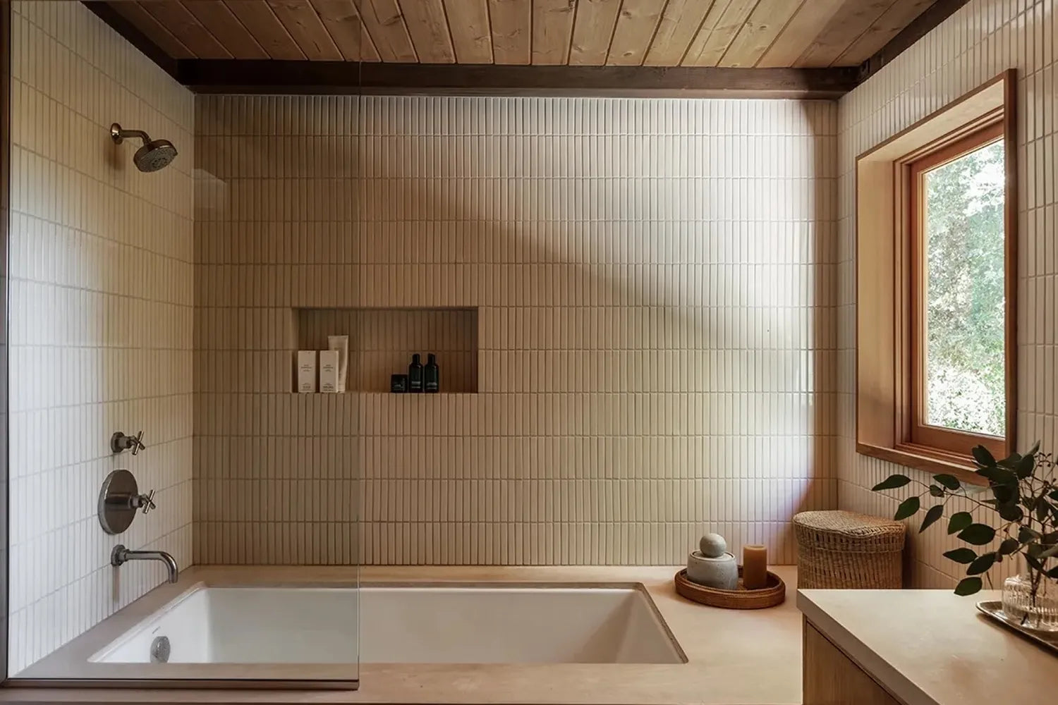 Alcove Bathtub Modern Wabi Sabi Warm Neutral Tile