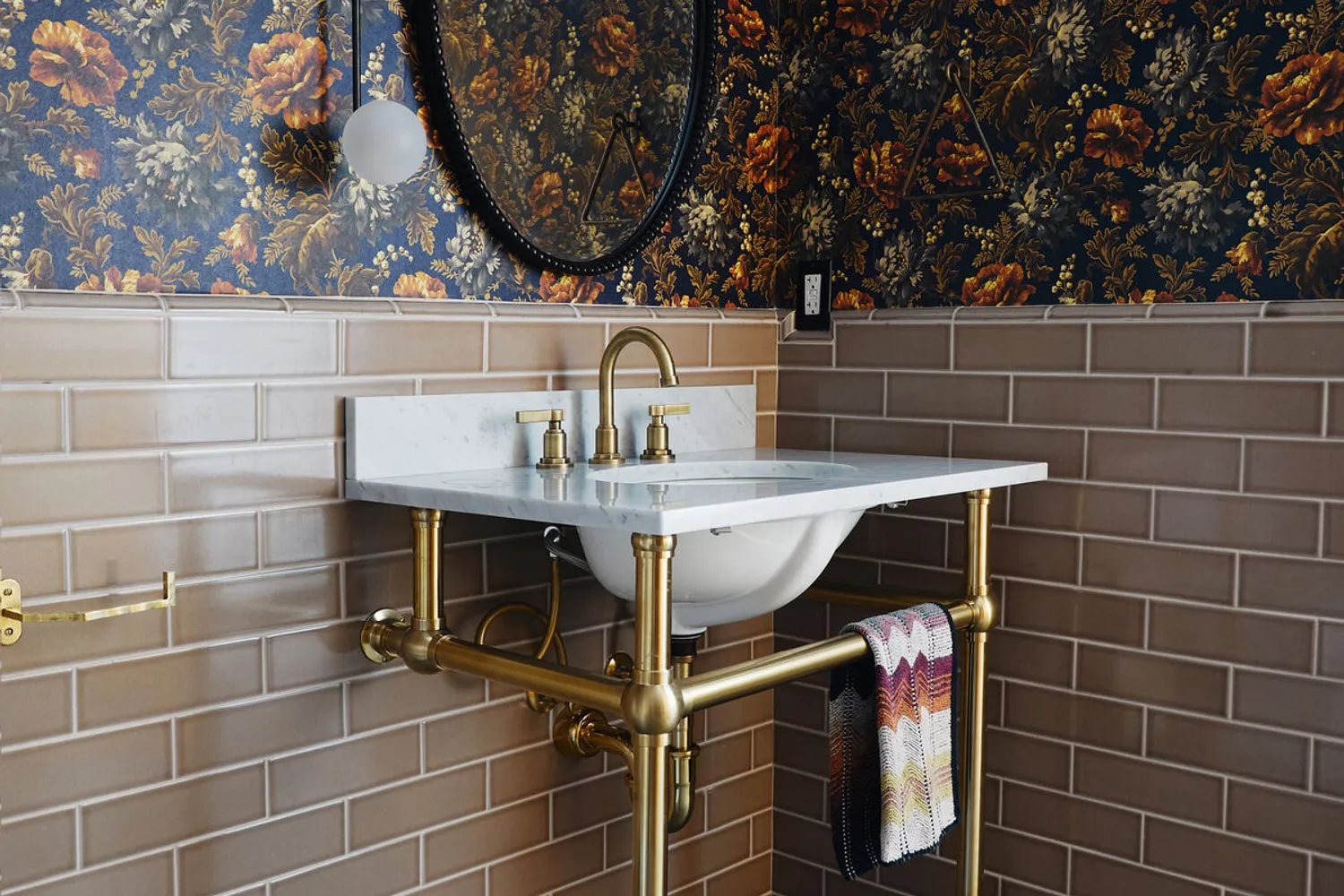Brown Tile Bathroom Ideas Subway Tile Wainscot with Floral Wallpaper