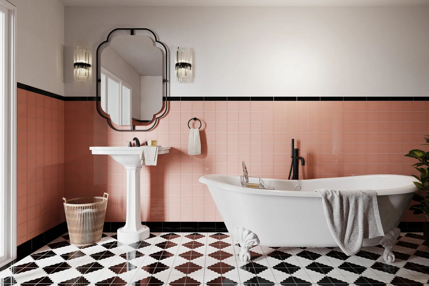 Photorealistic Rendering Art Deco Bathroom 4x4 Squiggle Charcoal Floor 4x4 Glass Carolina Wren Gloss straight stack wainscott walls 2x8 trim raven 4x6 cove base 2021