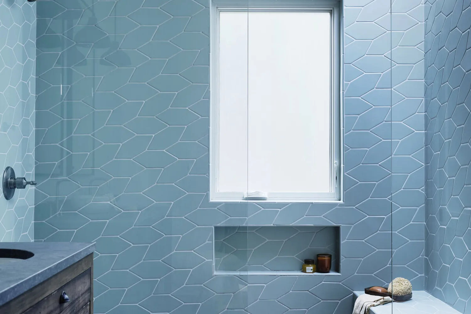 Picket Tile Shower Blue Picket Braid Walk In Shower
