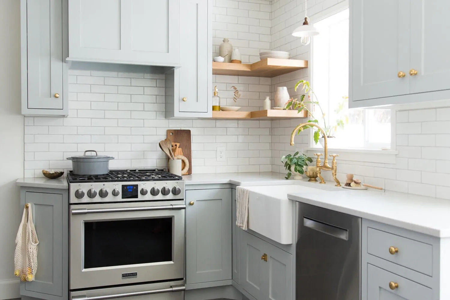 White Brick Backsplash Classic Modern Kitchen Soft Blue Cabinets