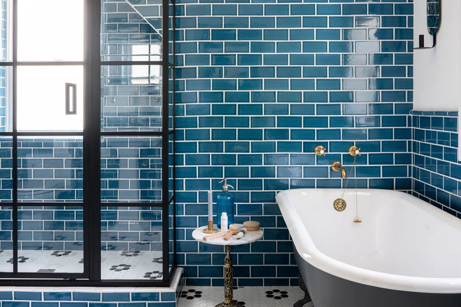 Blue subway tile shower