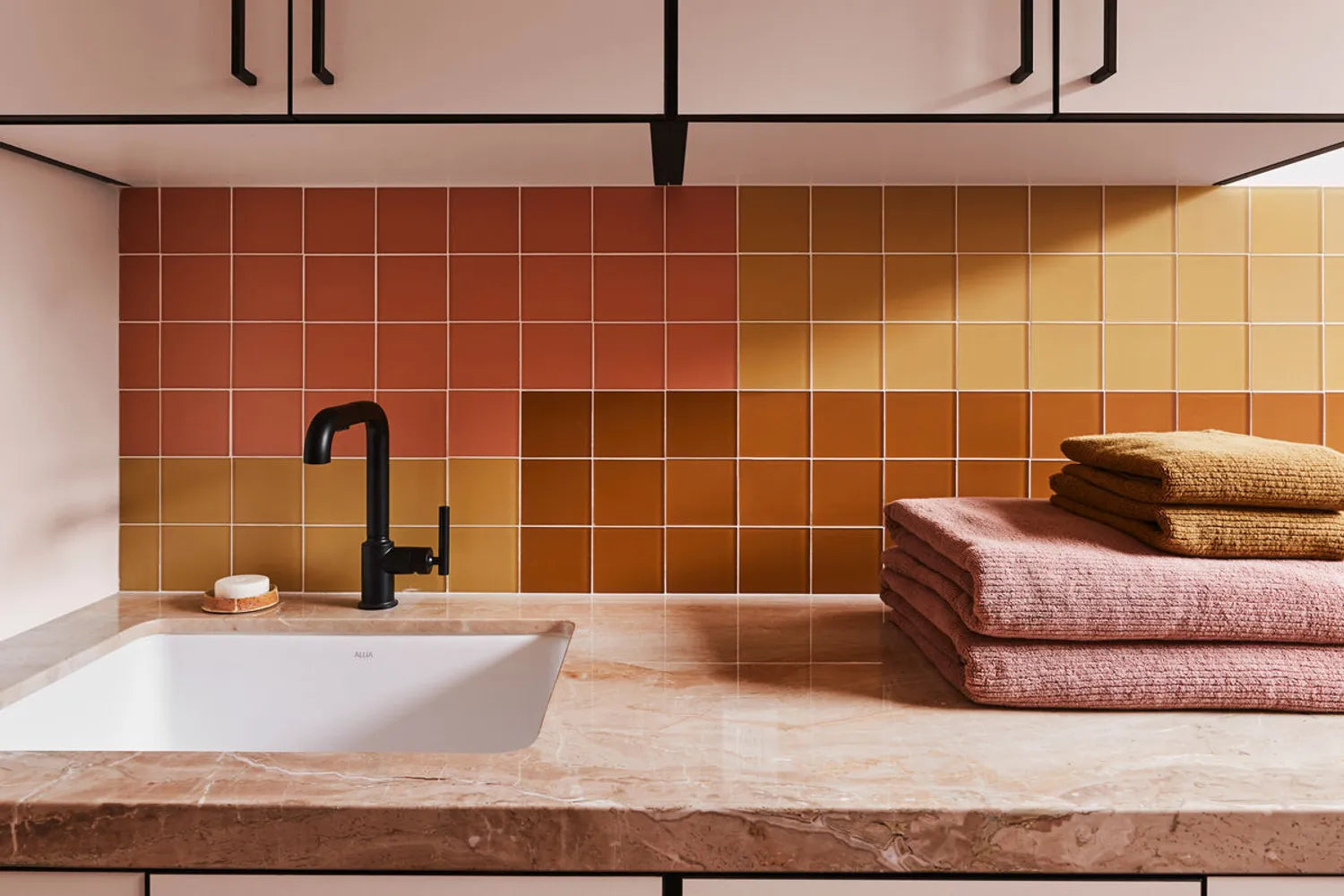 Glass backsplash tile color block laundry room