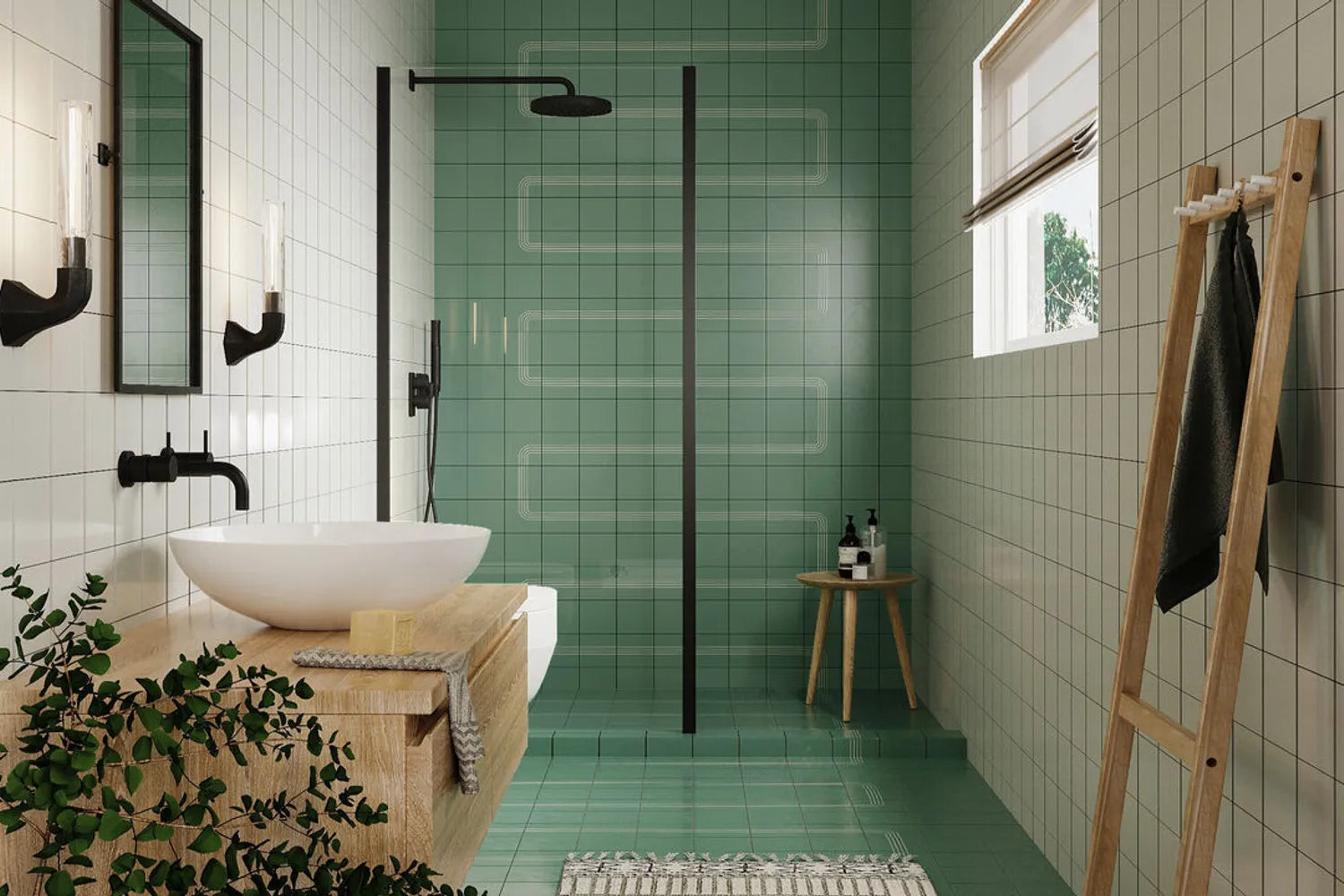 Fully tiled bathroom handpainted spa bathroom