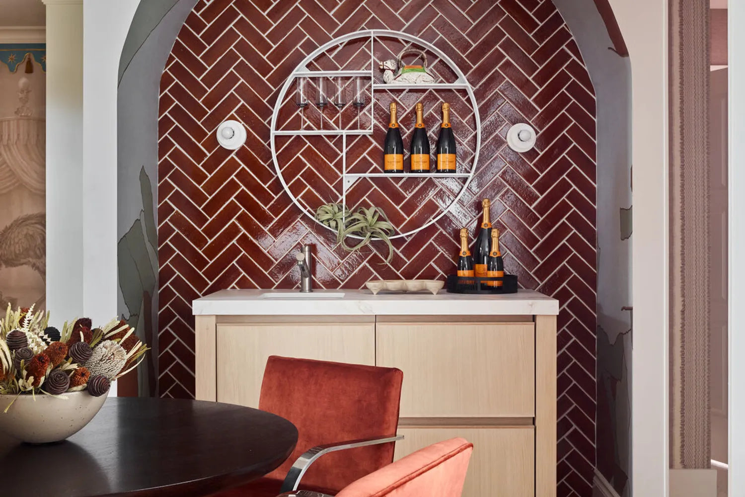 Herringbone backsplash tile earthy brick arched bar
