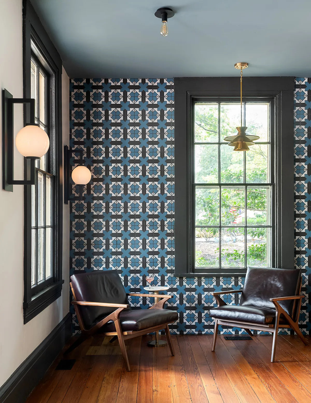 Eclectic wall handpainted square white blue black tile 2