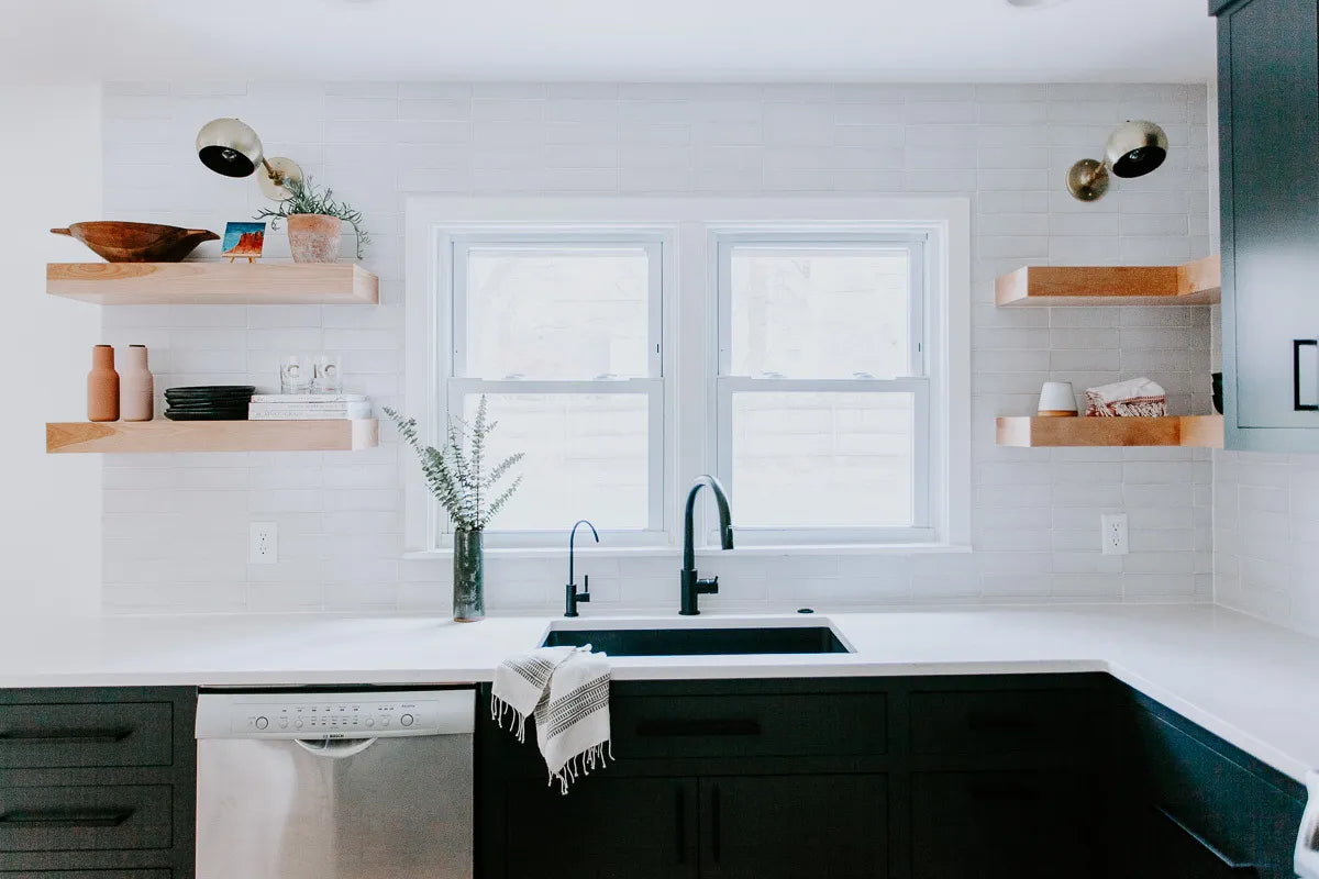 2018 Q1 419279 Kitchen Backsplash Brick White Mountains Straight Stack White Grout Glazed Edge Trim Green Accents Green Cabinet White Countertop Open Shelves 1