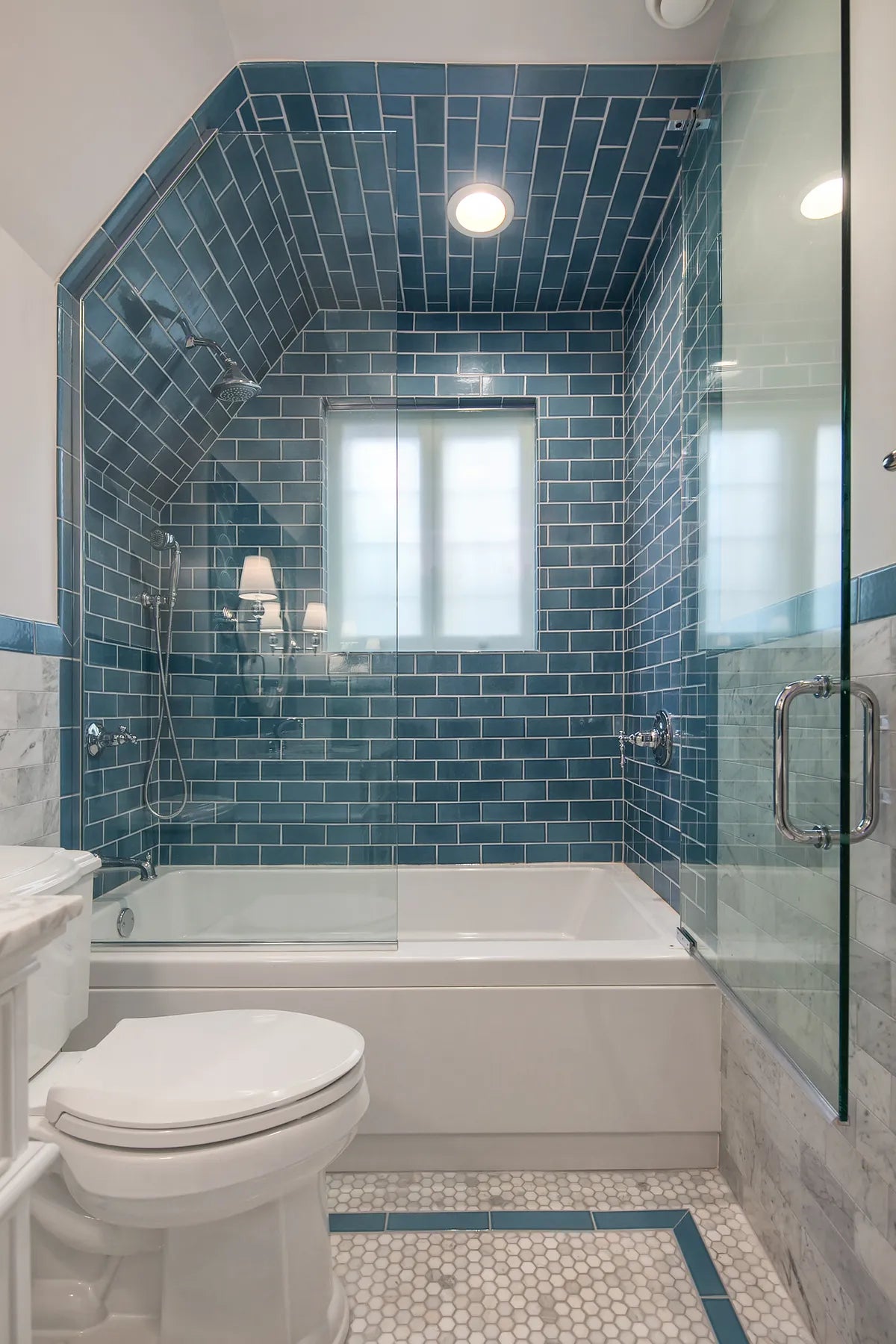 2018 Q2 Image Residential Habitar Design Photographer Dustin Bailey Bathroom Walls Shower 3X6 Offset Mayan Blue Floor Border