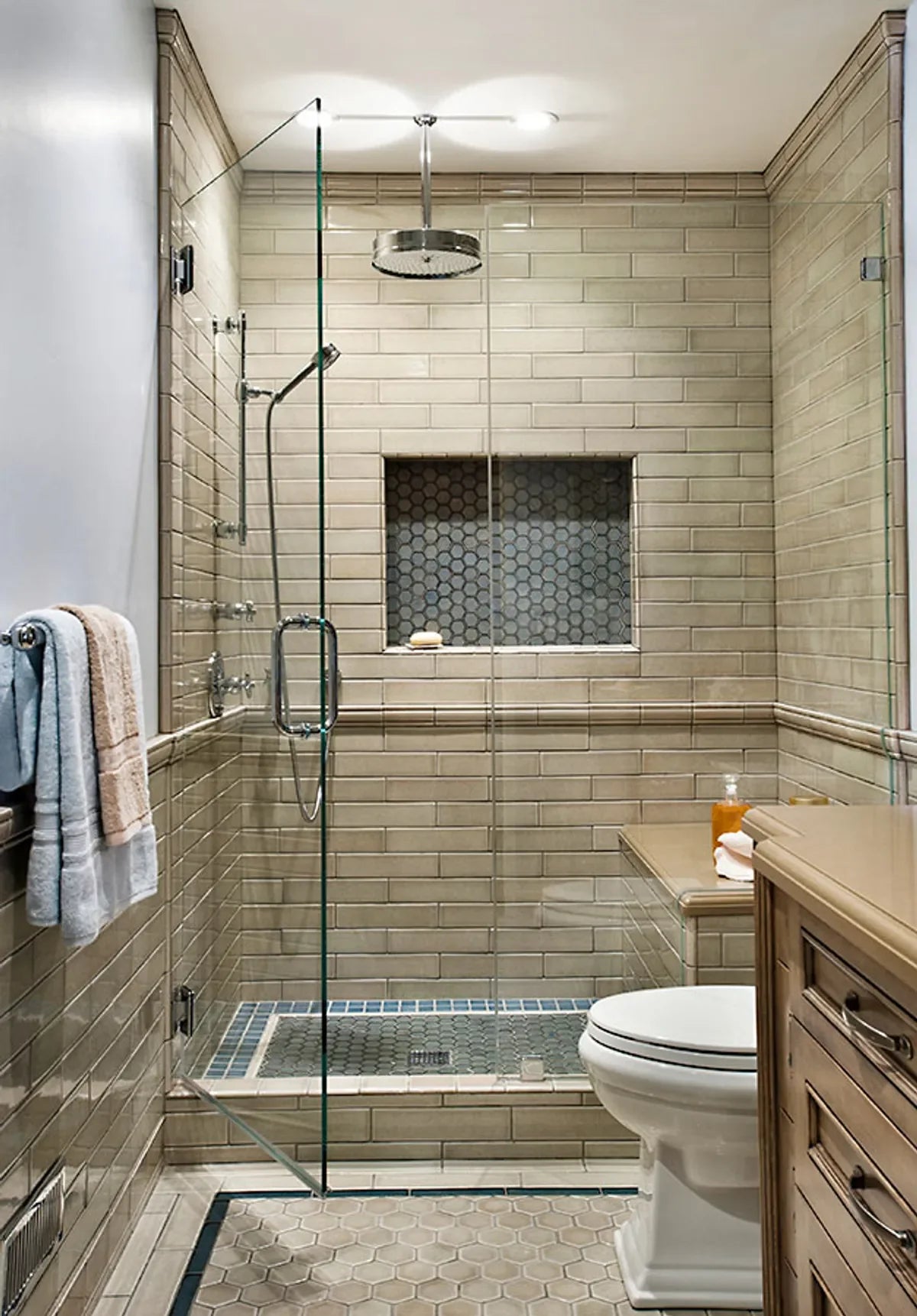 2X8 3 Hexagon Bathroom Hexagon Malt Offset Specialty Recycled Body Residential Sand Dune Shower Tile Warm Neutrals