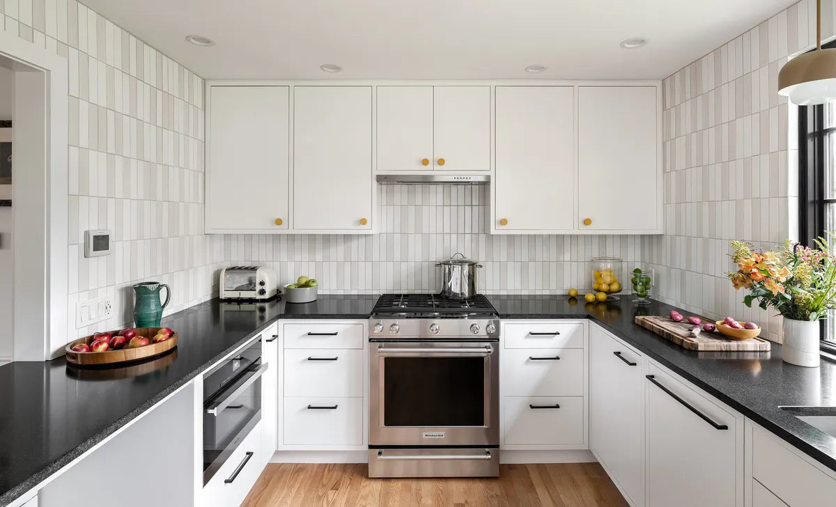 Transitional white tile kitchen backsplash 1