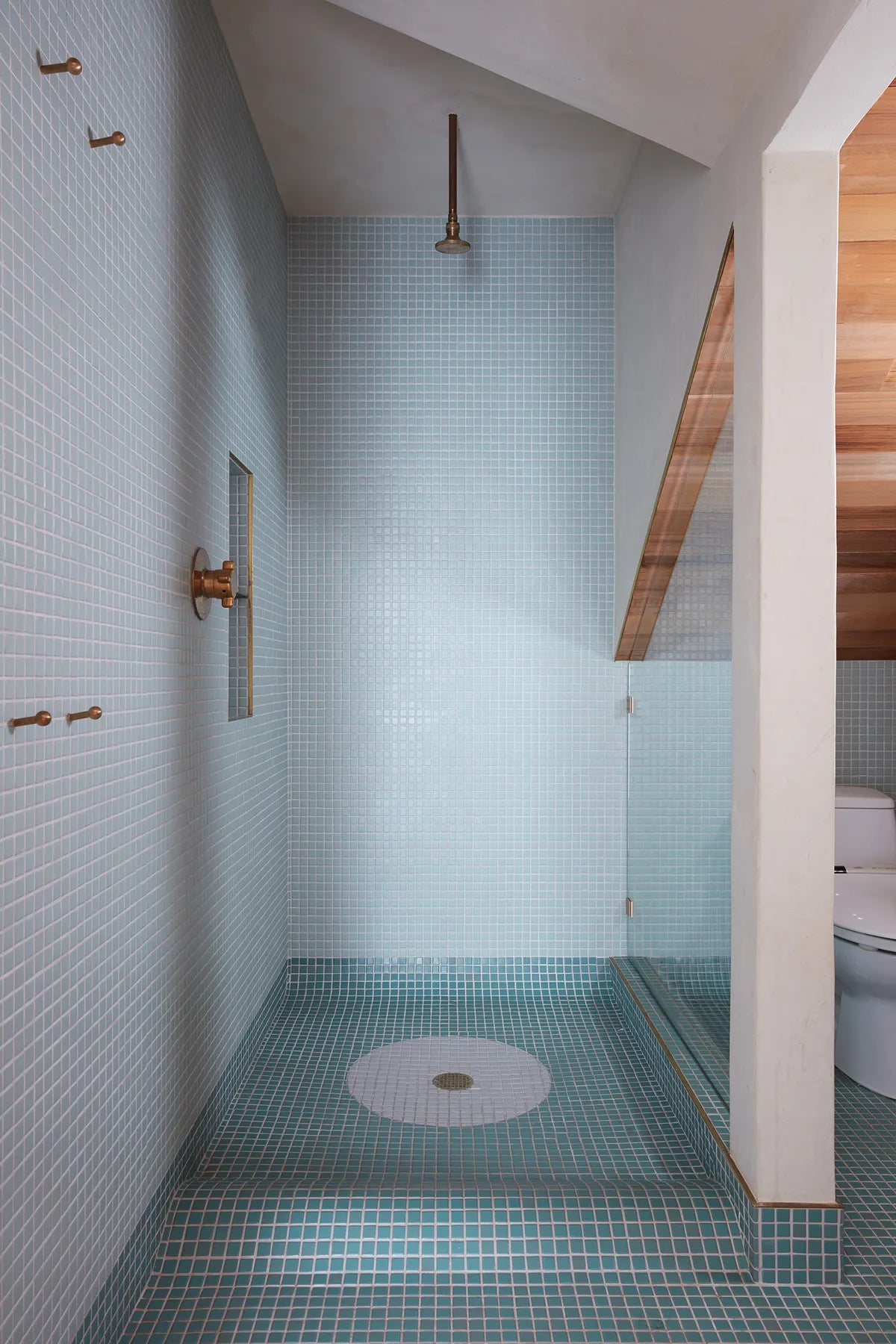 Blue mid century modern bathroom shower floor mosaic tile 6
