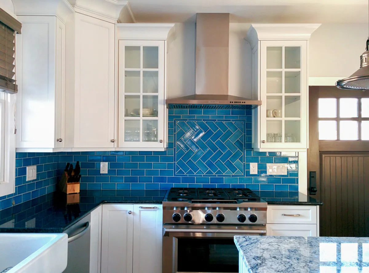 Blues Cerulean Herringbone Kitchen Tile