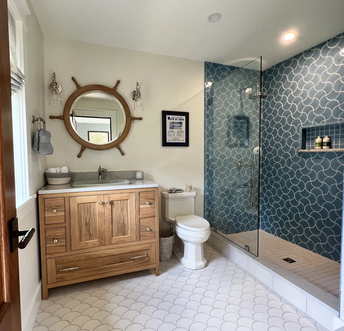 Coastal blue shower tile niche tile white floor tile 1