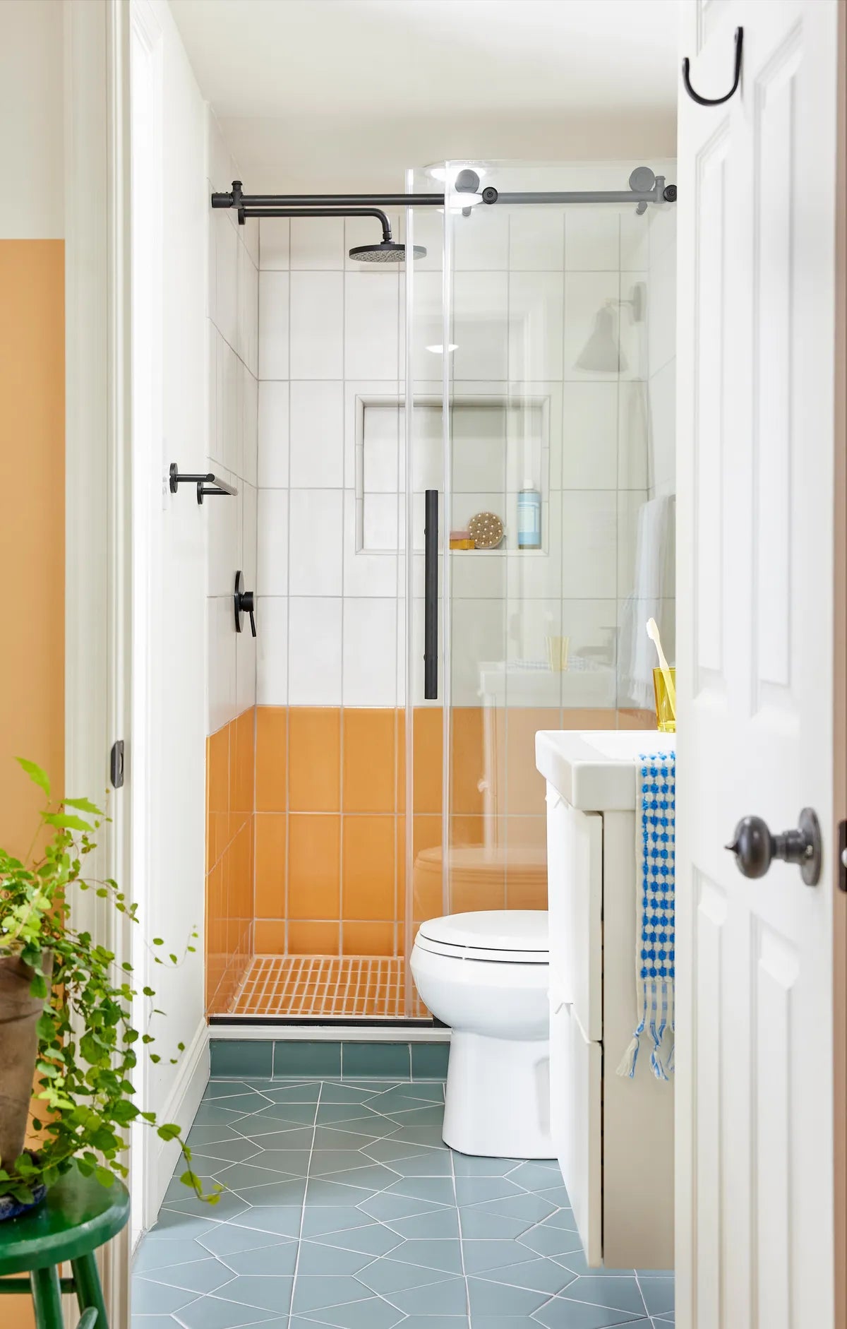 Mid century modern green orange white bathroom shower tile 11