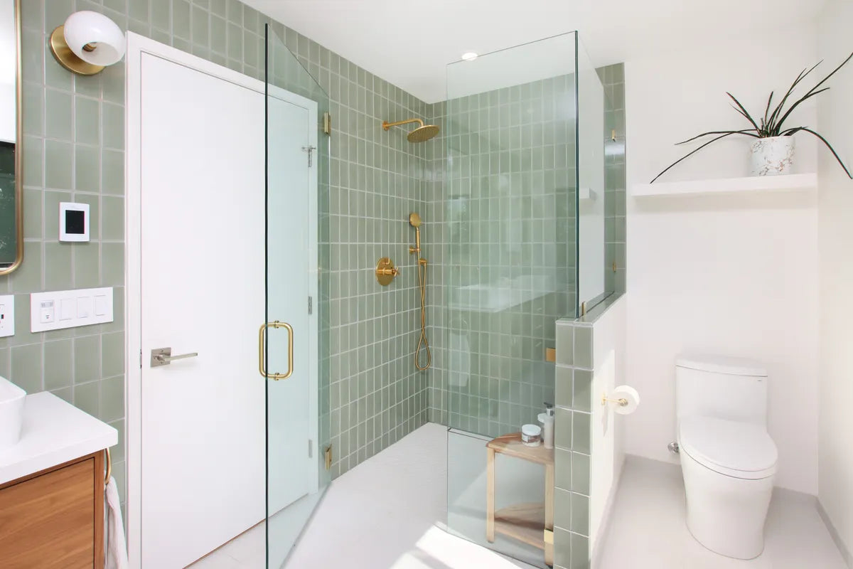 Modern bathroom backsplash shower green tile 1