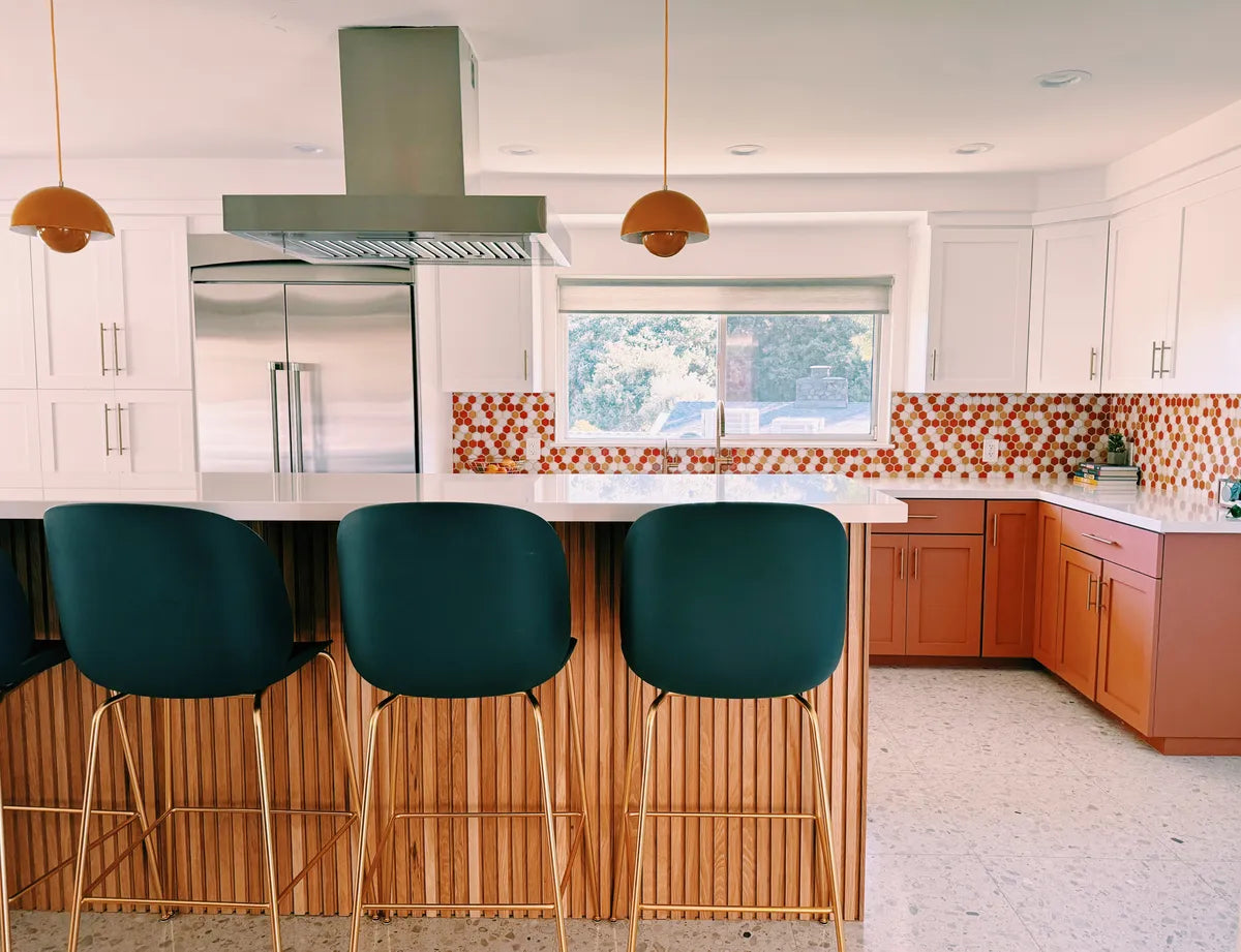 Modern kitchen orange white yellow hexagon backsplash tile 2