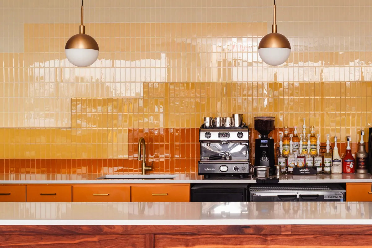 Modern yellow subway glass tile backsplash 4