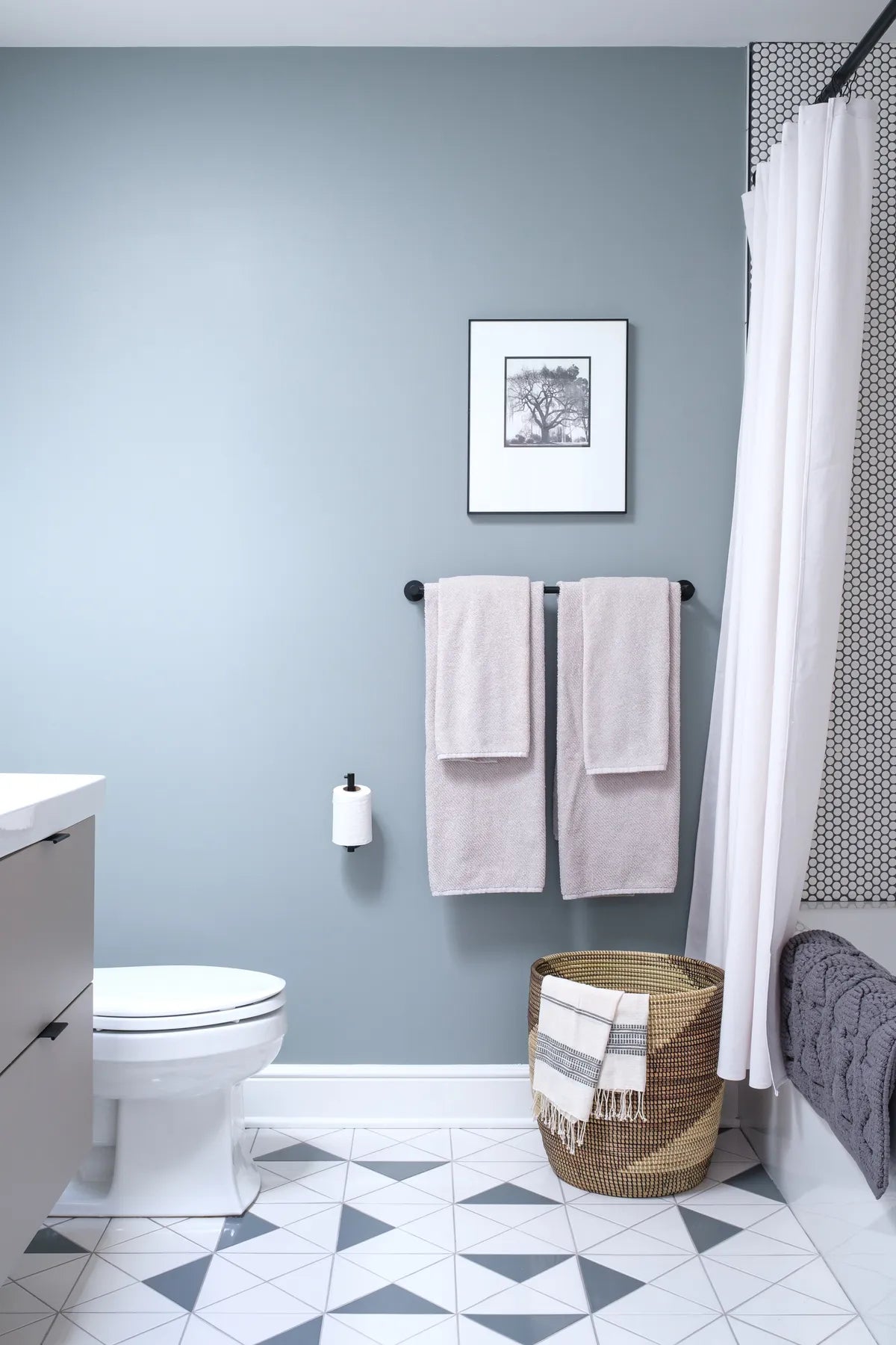 New traditional bathroom floor triangle white grey tile 1